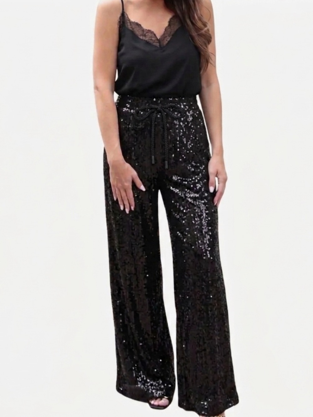Jess Lea Black Shimmered Sequin Wide-Leg Drawstrings Tie-Waist Pant Bohemian 2XL